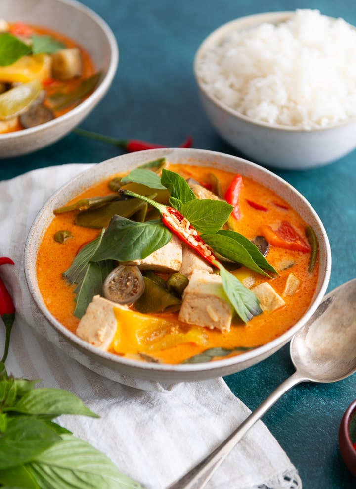 Thai-Gemüse-Curry mit Kokosmilch und Reis. Daneben liegt ein Löffel.