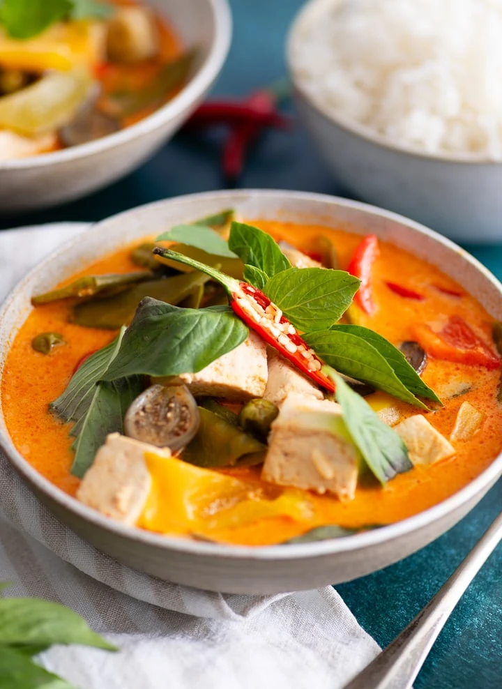 Das fertige vegetarische rote Thai Curry in der Nahaufnahme.