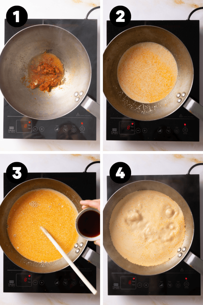 Die rote Curry Paste und Kokosmilch kommen in eine Pfanne.