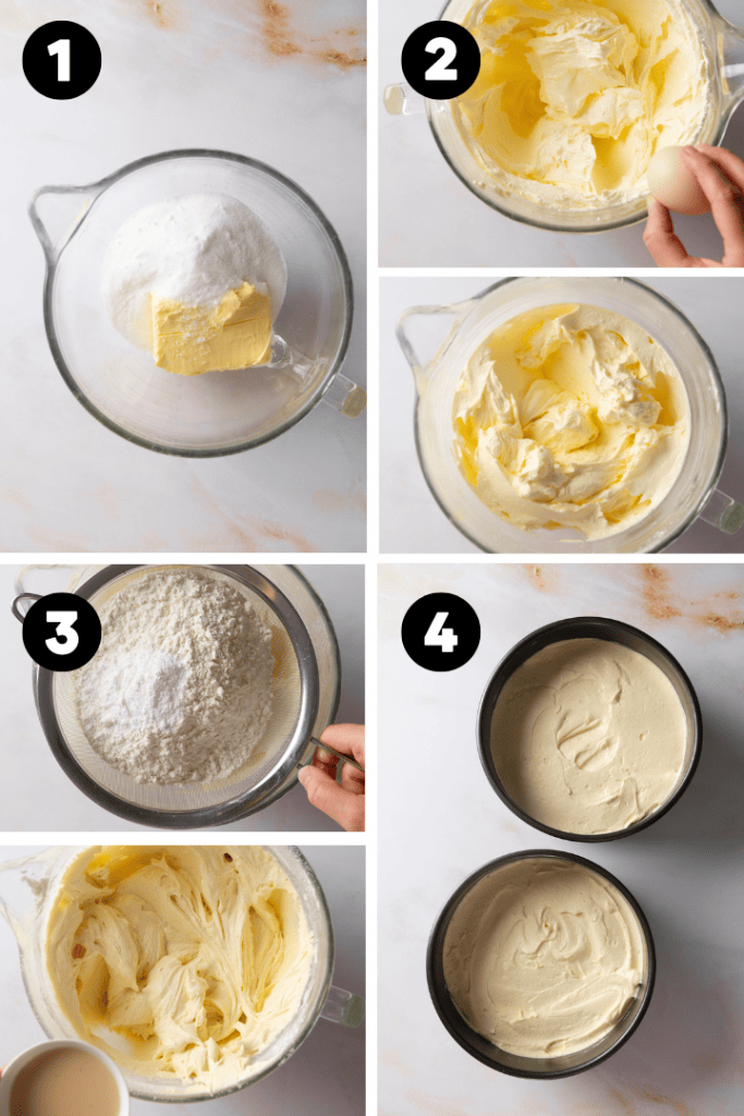 Butter und Zucker werden in einer Rührschüssel vermengt, dann kommt das Mehl und Backpulver hinzu.