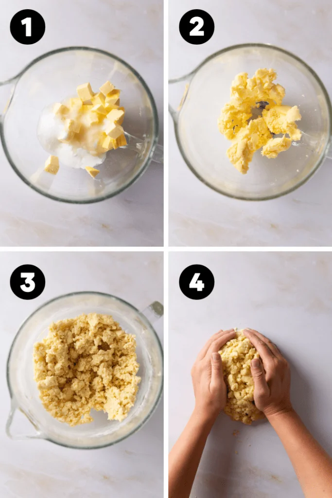 Butter, Zucker, Mehl, Vanille und Salz werden zu einem Teig in einer Küchenmschine verknetet.