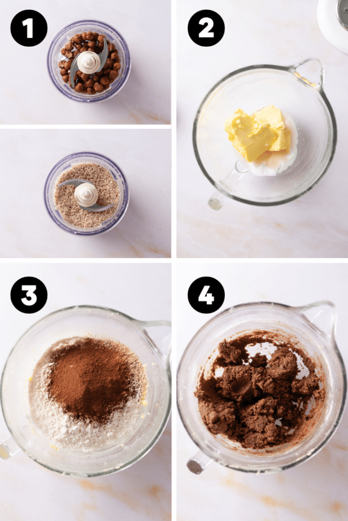 Butter, Nüsse, Mehl, Kakao und die restlichen Zutaten werden in einer Rührschüssel zu einem Teig verknetet.