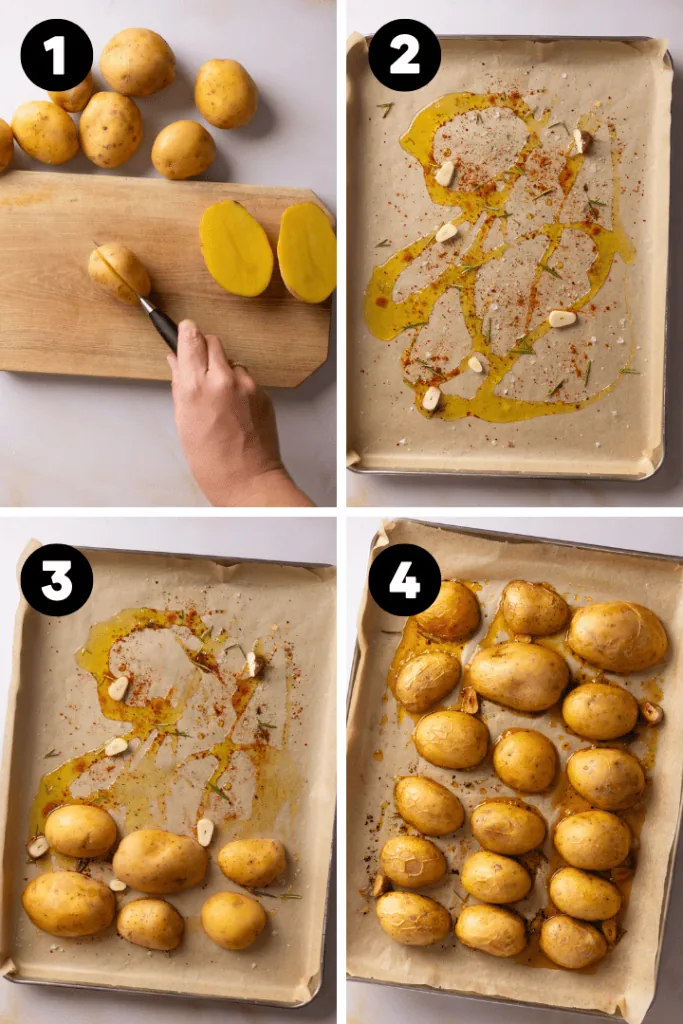 Die Kartoffeln werden geschnitten und mariniert, danach kommen sie in den Backofen.