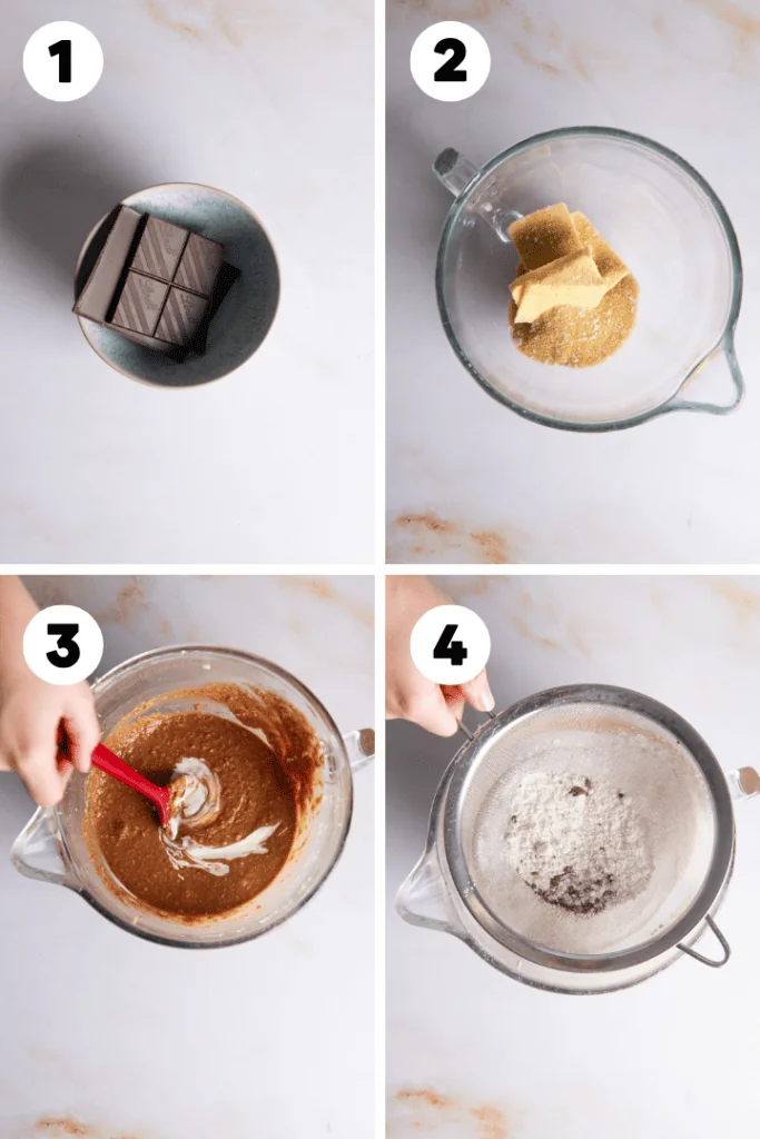 Die Schokolade wird geschmolzen und mit den anderen Zutaten in einer Rührschüssel zusammengerührt.