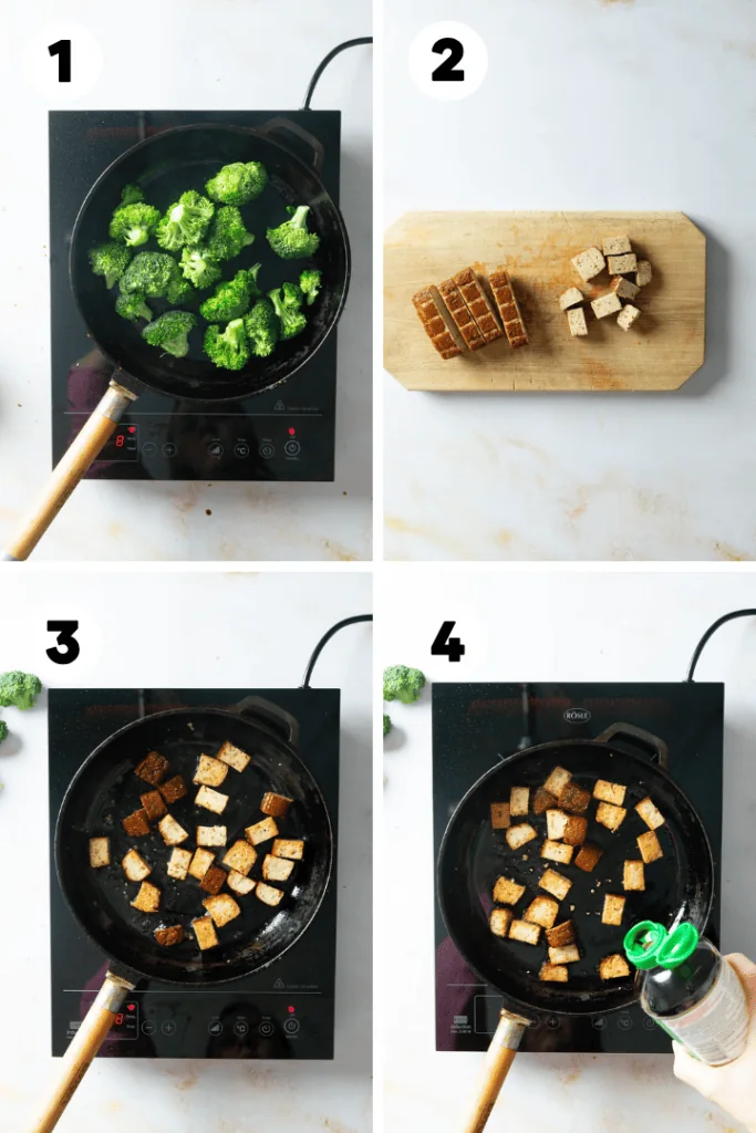 Brokkoli und Tofu werden in einer Pfanne angebraten.