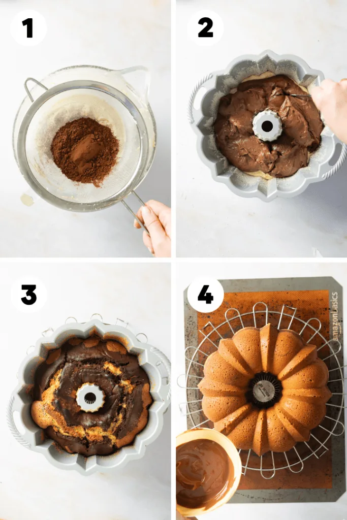 Der Mamorkuchen wird in einer Form ausgebacken und mit Schokolade überzogen.
