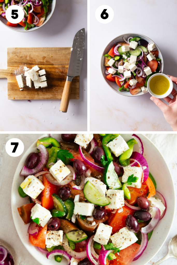 Zum Schluss kommt der Feta und die Salatsoße zum griechischen Salat.