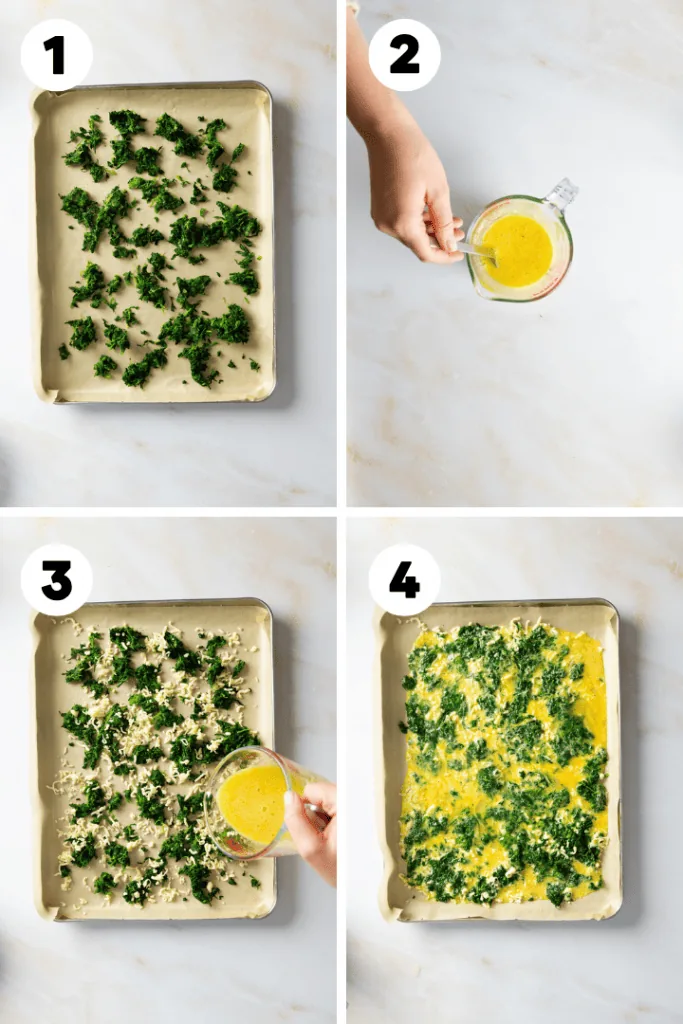 Zu dem Spinat und dem Käse kommt eine Eimischung auf das Backblech, bevor es gebacken wird.
