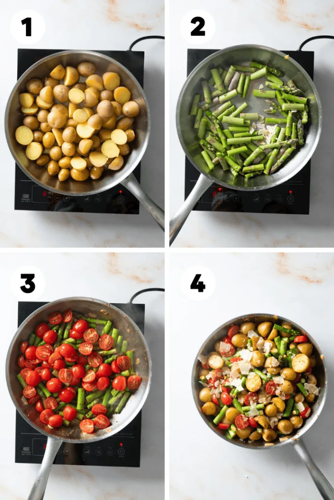 Die Kartoffel werden angebraten, der Spargel wird danach mit den Tomaten angebraten und dann alles vermengt.