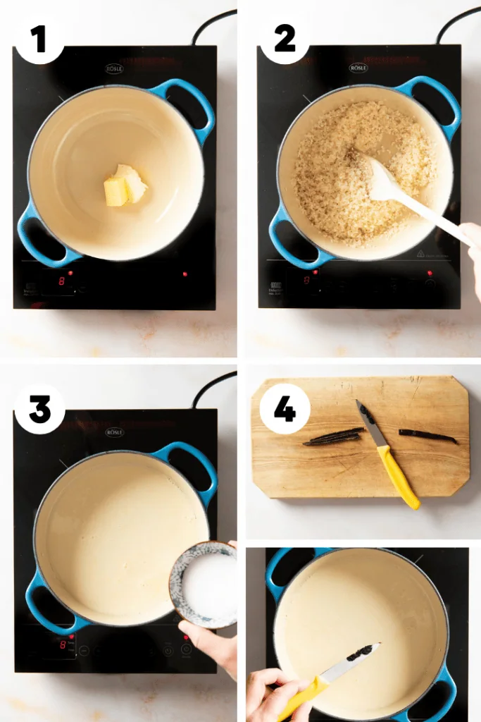 Butter kommt mit den Milchreis in einem Topf, dann kommt frische Vanille dazu.