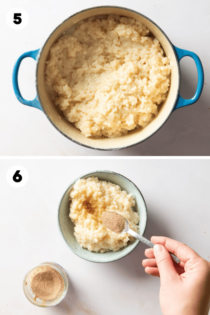 Der Milchreis wird in einem Topf gekocht und dann mit Zimt & Zucker serviert.