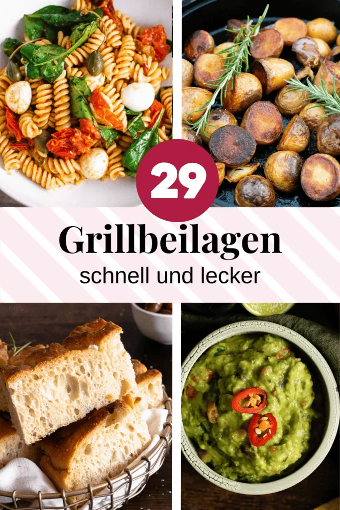 Grafik für 29 schnelle und leckere Grillbeilagen: Collage mit vier vegetarischen Beispielgerichten (Nudelsalat, Rosmarinkartoffeln, Focaccia, Guacamole).