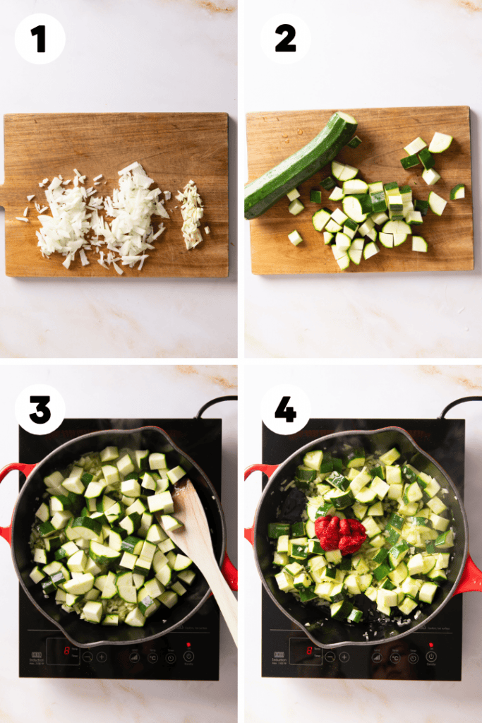 Die Zucchini, die Zwiebel und der Knoblauch werden klein geschnitten und in einer Pfanne angebraten.