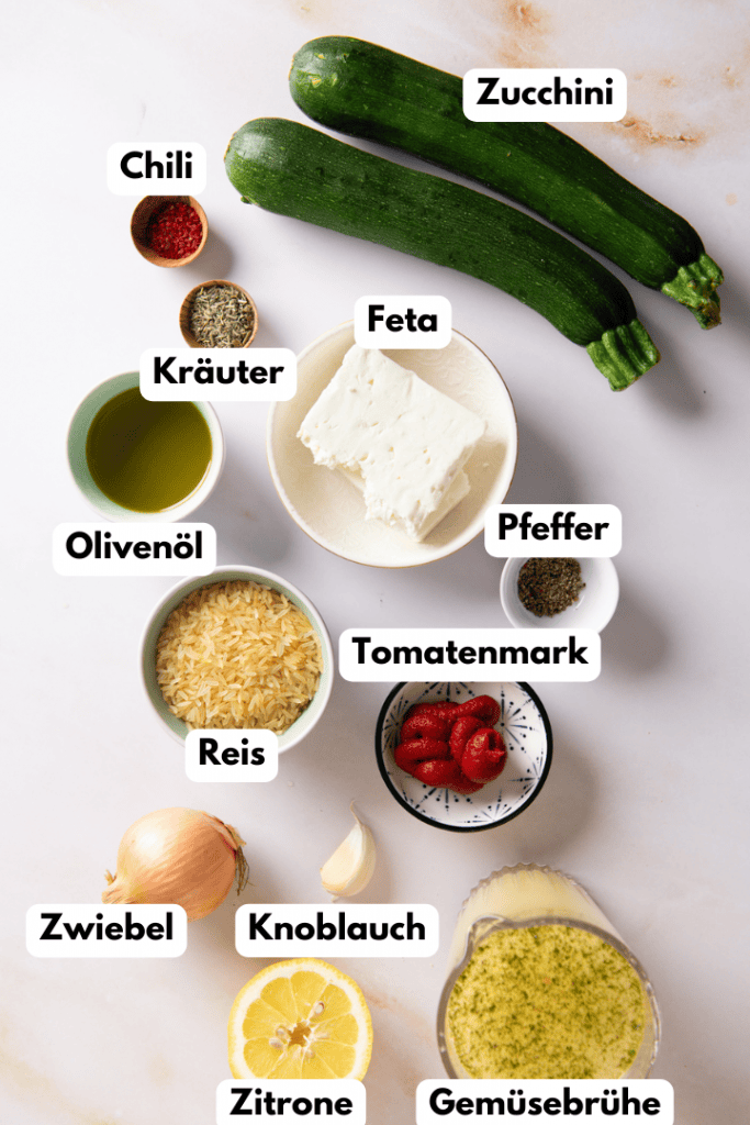 Alle Zutaten für das Zucchini Reis Pfannen Rezept.