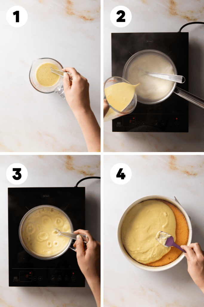 Der Vanillepudding wird angesetzt und kommt auf den gebackenen Boden.