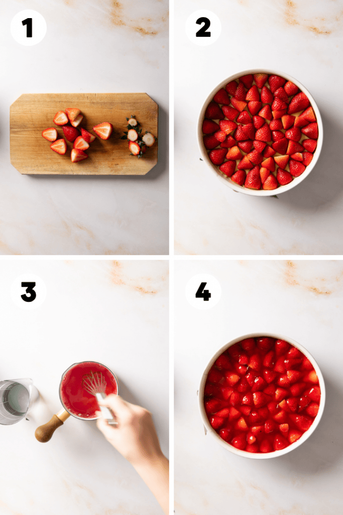 Die Erdbeeren werden geschnitten und kommen mit dem Tortenguss auf den Kuchen.