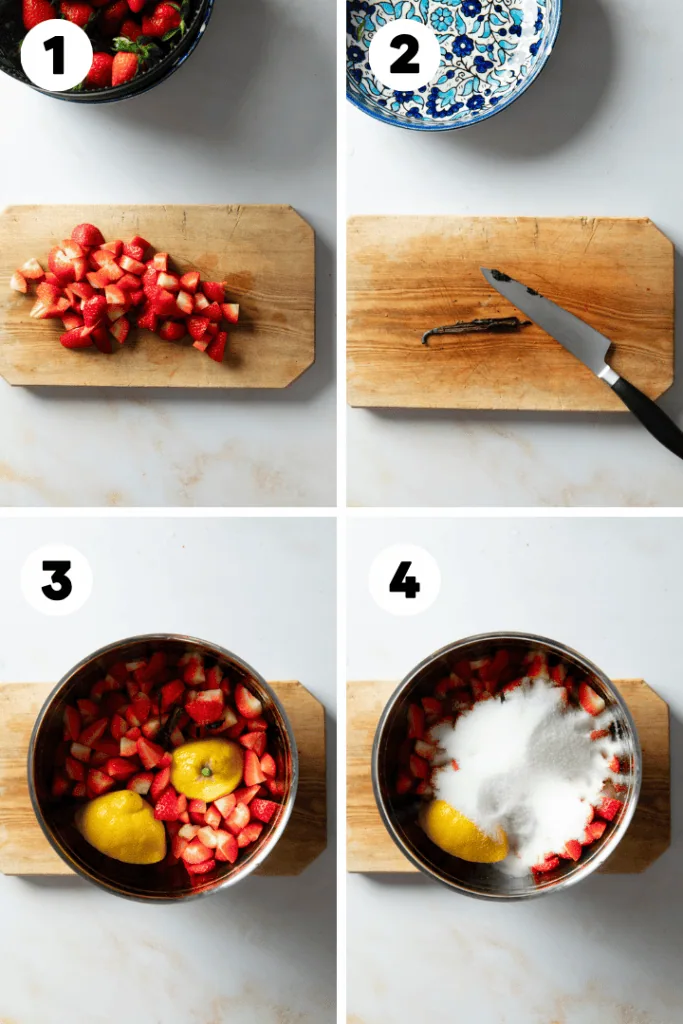 Die Erdbeeren werden klein geschnitten und die Vanille wird mit einer Zitrone und Zucker zugegeben.