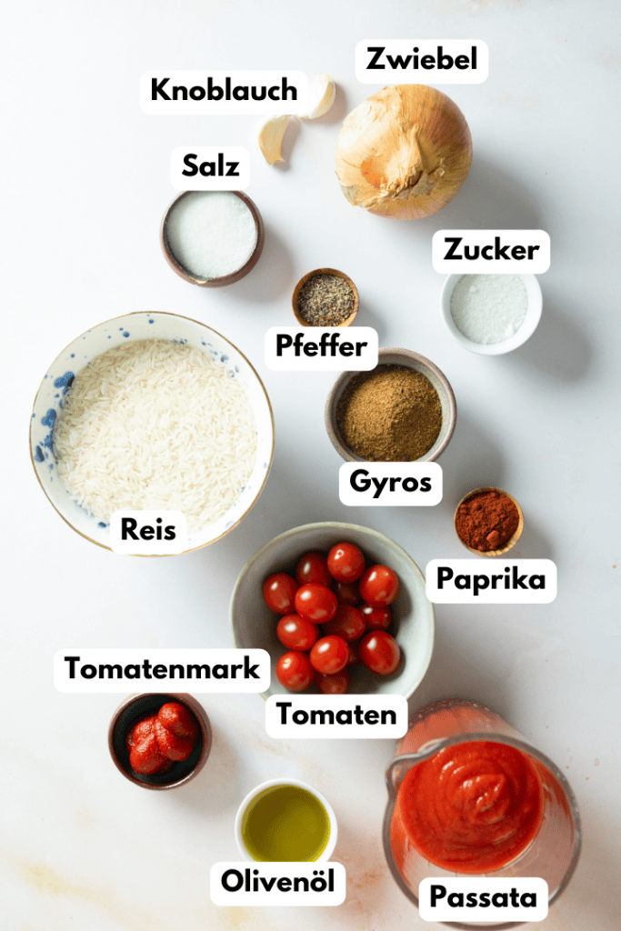 Alle Zutaten für den Tomatenreis nach Original griechischem Rezept.