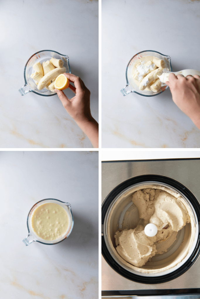 Die Bananen kommen mit Milch, Sahne und Zitrone in eine Eismaschine und werden zu Eis verarbeitet.