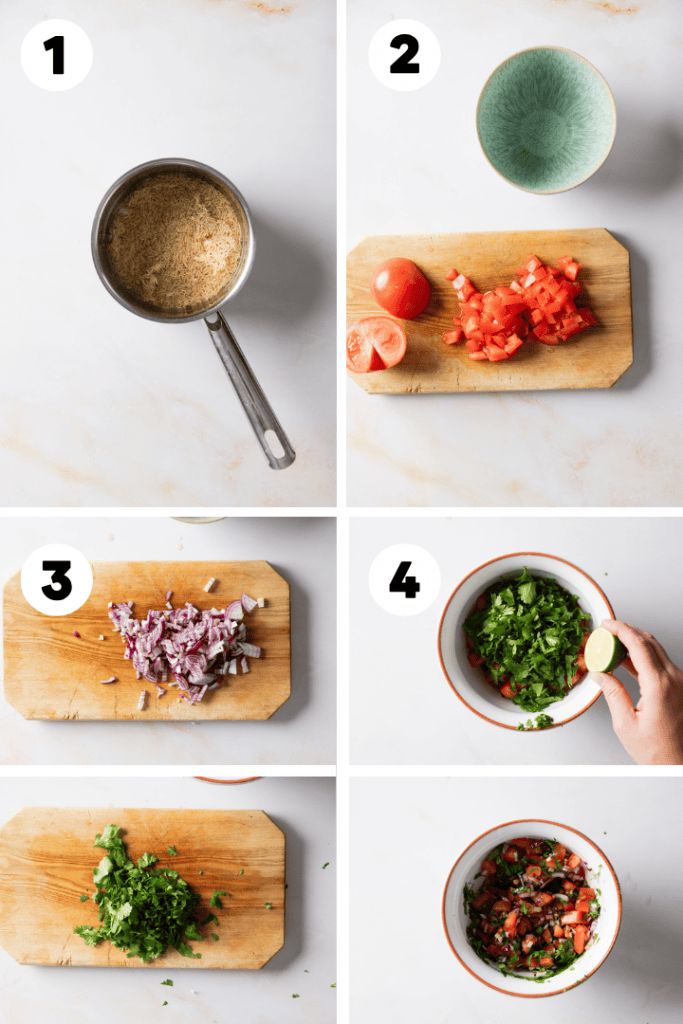 Der Reis wird gekocht und die Salsa vorbereitet.