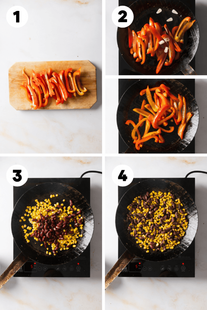 Das Gemüse wird geschnitten und in einer Pfanne angebraten.