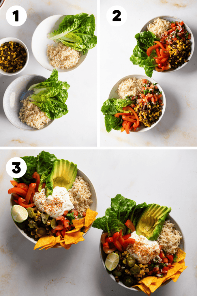 Dann wird der Burrito Bowl Teller angerichtet und serviert.