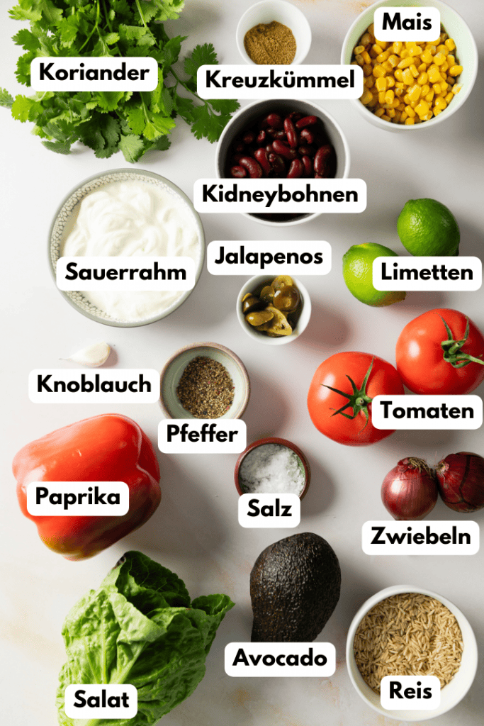 Alle Zutaten für das mexikanische Burrito Bowl Rezept.
