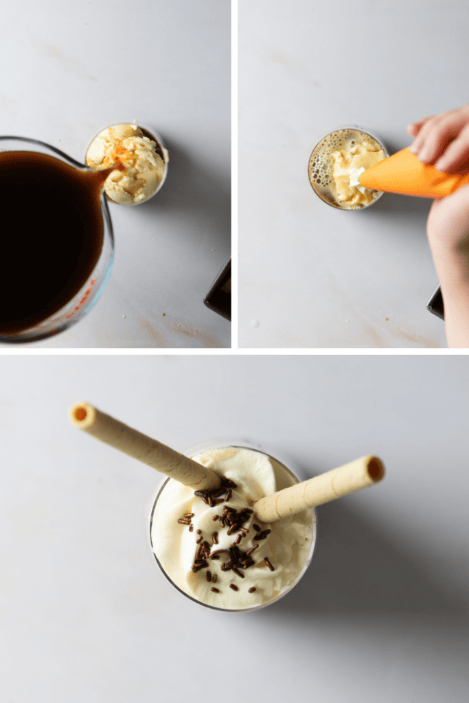 Über das Eis kommt der Kaffee und zum Schluss Sahne, Schokostreusel und Waffeln.