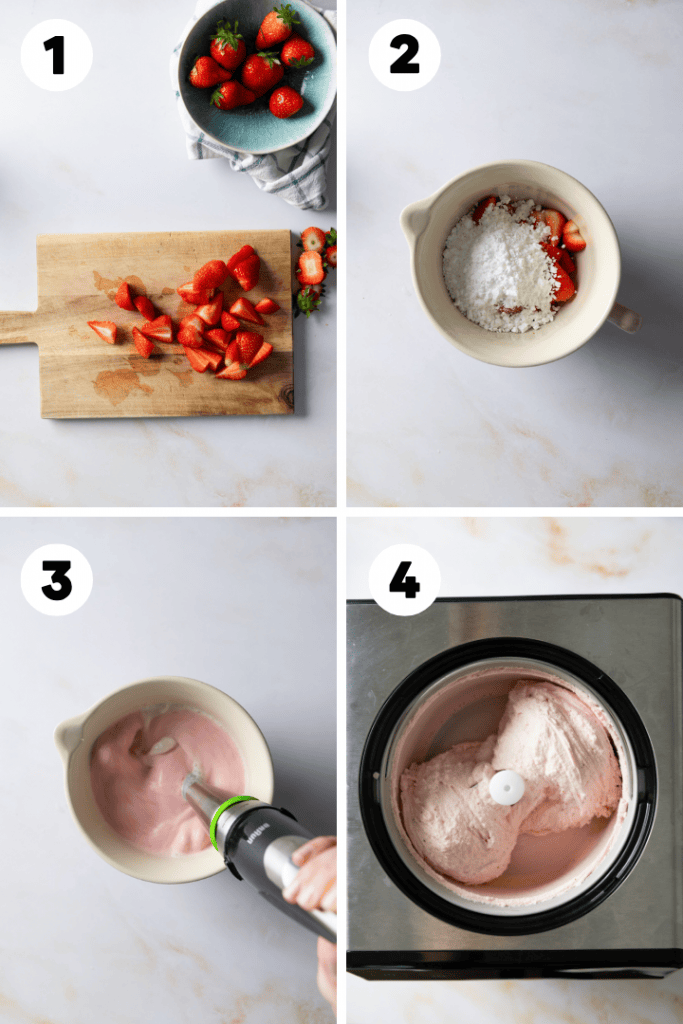 Die Erdbeeren werden geschnitten und mit etwas Puderzucker angerührt und dann mit einem Pürierstab zerkleinert. 