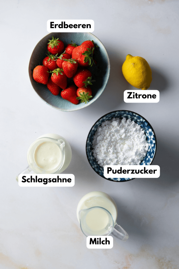 Alle Zutaten für das selbstgemachte Erdbeereis mit Eismaschine Grundrezept.