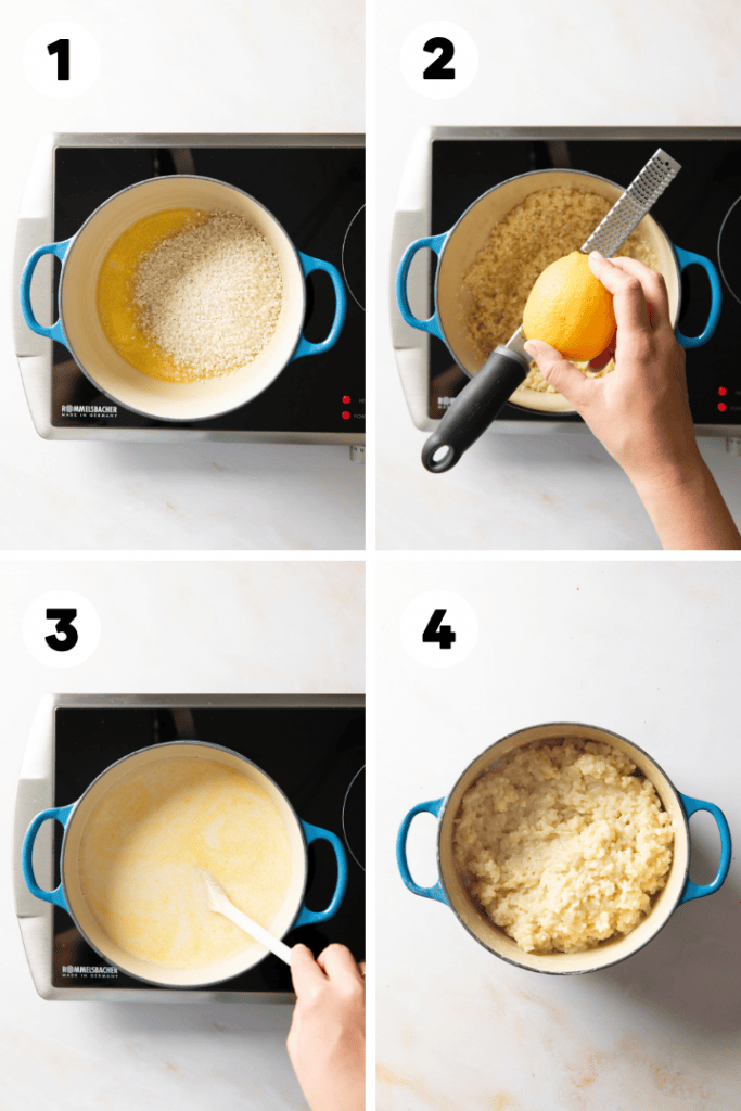 Der Reis wird angebraten und die Zitronenschale darüber gerieben, dann kommt die Milch hinzu.