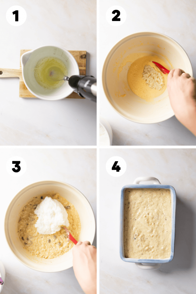 Das Eiweiß wird geschlagen und kommt mit den Rosinen und Nüssen hinzu.