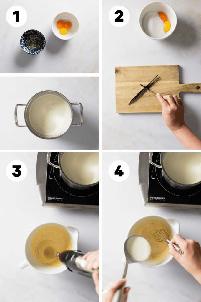 Die Eier werden getrennt und die Vanilleschote ausgekratzt, bevor alles mit der Milch und der Schlagsahne gekocht wird.