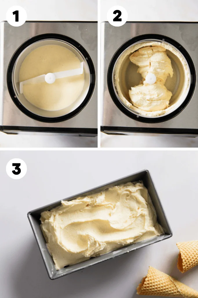 Das Vanilleeis wird in der Eismaschine so lange gerührt bis es fertig ist.
