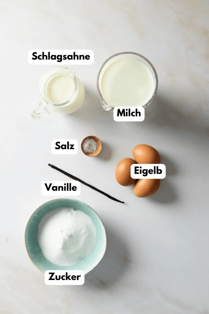 Alle Zutaten für das Vanilleeis Rezept mit Eismaschine.
