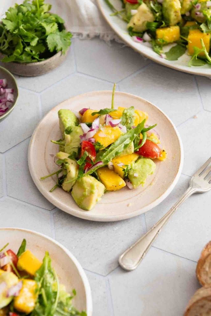 Der Mango Avocado Salat auf einem Teller, daneben liegt eine Gabel.
